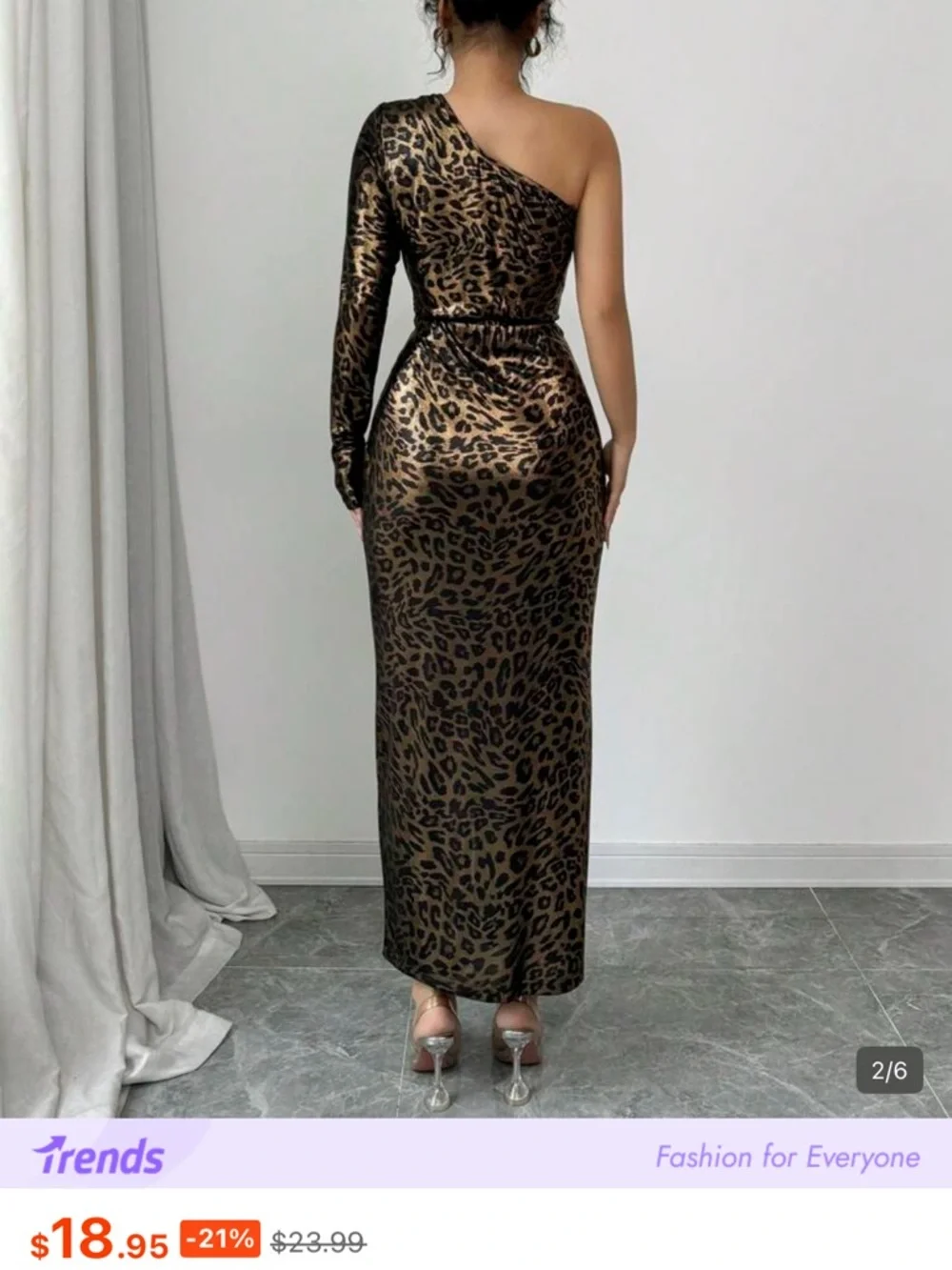 One-Shoulder Leopard Print Midi Dress - Brown - Picture 2 of 2